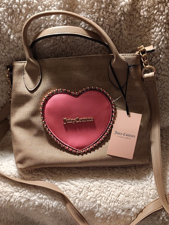 Juicy Couture Handbags - Juicy Couture Beige Mini Satchel with Pink Heart Patch